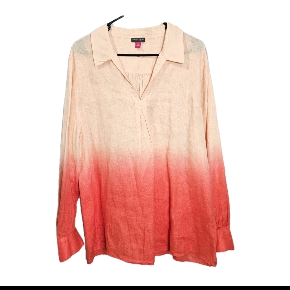 Vince Camuto 100% Linen Ombre Orange Long Sleeve V-Neck Top Blouse Lightweight